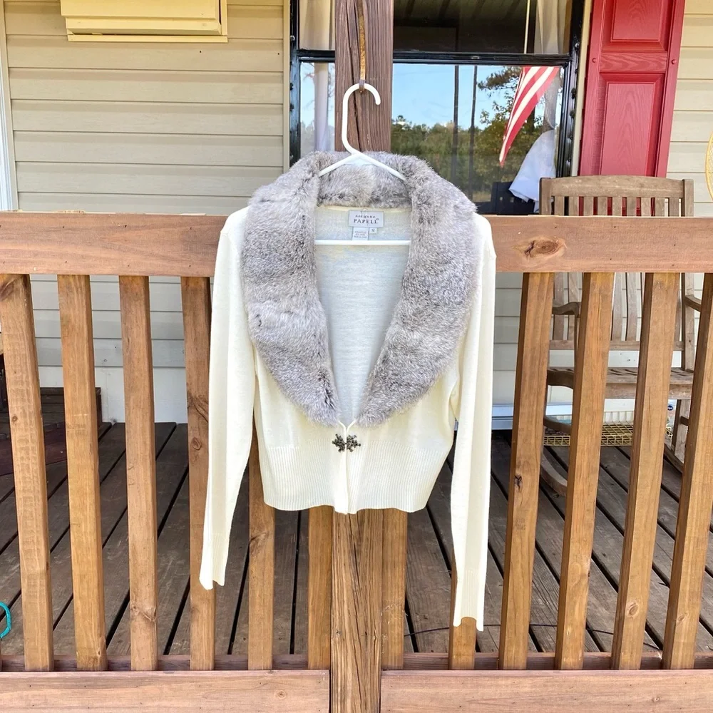 VINTAGE ADRIANNA PAPELL Fur Collar Cardigan - Picture 1 of 6